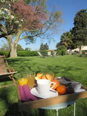 a tray of breakfast foods and drinks on a table at Logis Hôtel Château De Palaja in Carcassonne