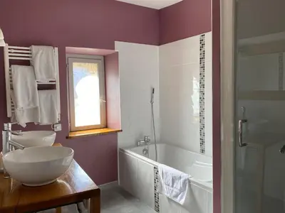 a bathroom with a white tub and a sink and a bath tub at Logis Hôtel Château De Palaja in Carcassonne