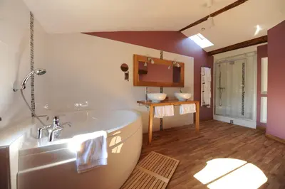 a bathroom with a tub and a sink at Logis Hôtel Château De Palaja in Carcassonne
