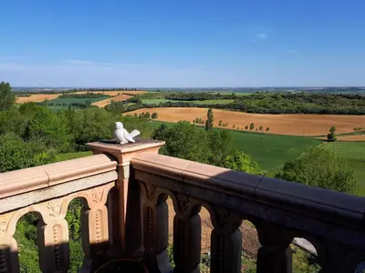 a statue of a bird sitting on top of a balcony at Auberge du Poids Public Logis Hotel in Saint-Félix-Lauragais