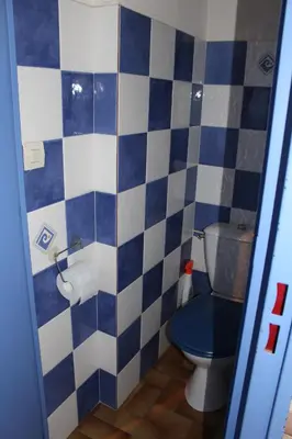 a blue and white bathroom with a toilet at Gites de France Bleu à la mer in Port-la-Nouvelle