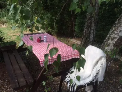 a picnic table with a pink and white checkered table cloth at loft At Besset in Besset