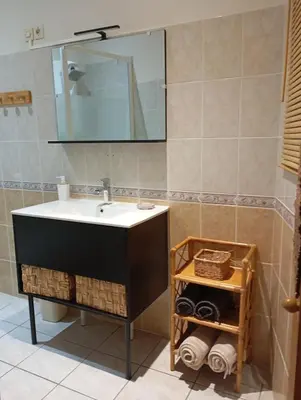 a bathroom with a sink and a mirror at La Maison des Vendangeurs à Puisserguier in Puisserguier