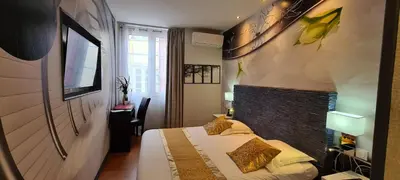 a hotel room with a bed and a television at Hôtel Renaissance in Castres