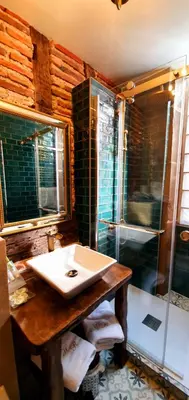 a bathroom with a sink and a shower at Hôtel Renaissance in Castres
