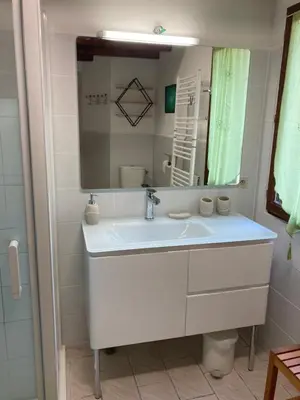 a bathroom with a white sink and a mirror at Gîte du Fenouil in Lézignan-Corbières