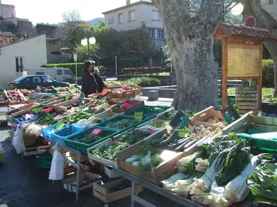 a market with vegetables on display in front of a tree at Hotel Axat in Axat