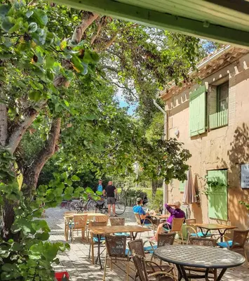 a group of people sitting at tables under a tree at La Bonne Planque - Maison éclusière de La Planque in Mas-Saintes-Puelles