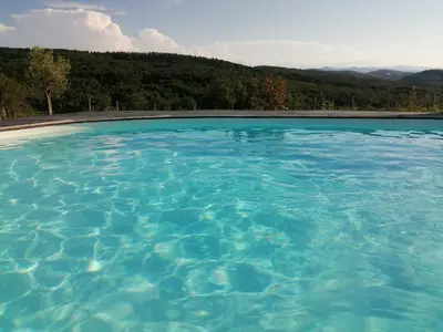 a large pool of blue water with mountains in the background at Fount de Cousteno in Limbrassac