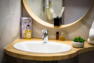 a bathroom sink with a mirror and a white sink at LOGIS Hôtel Restaurant Le Clos Fleuri in Castelnaudary