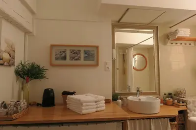 a bathroom with a sink and a mirror at B&B Le Patio En Ville - Chambres d'hôtes in Narbonne