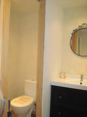 a bathroom with a toilet and a sink and a mirror at Le Ribet in Lempaut