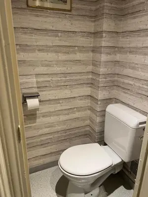 a bathroom with a toilet and a wooden wall at Hotel Montsegur in Carcassonne