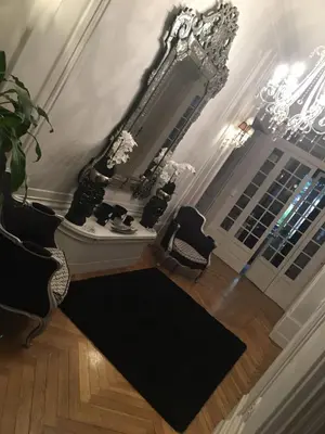 a room with a mirror and two chairs and a rug at GUESTHOUSE La VILLAE in Mazamet