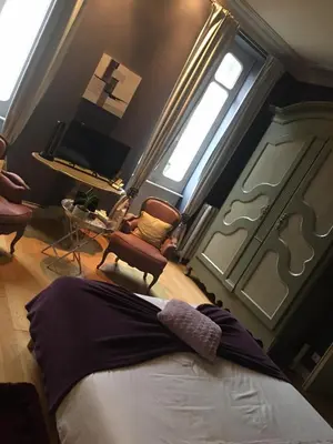 a bedroom with a bed and two chairs and a television at GUESTHOUSE La VILLAE in Mazamet