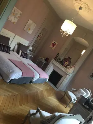 a large bedroom with a bed and a fireplace at GUESTHOUSE La VILLAE in Mazamet