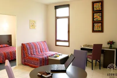 a living room with a couch and a table with a laptop at Adonis Carcassonne in Carcassonne