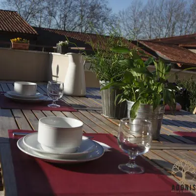 a table with plates and glasses on a wooden deck at Adonis Carcassonne in Carcassonne