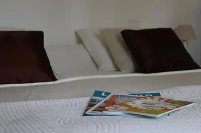 a book sitting on top of a bed at Maison d'hôtes Saint Alary in Lavaur