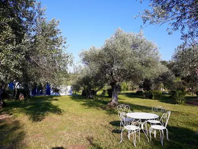 a table and chairs in a field with trees at location Silvis dans la propriété Elaia in Tourouzelle