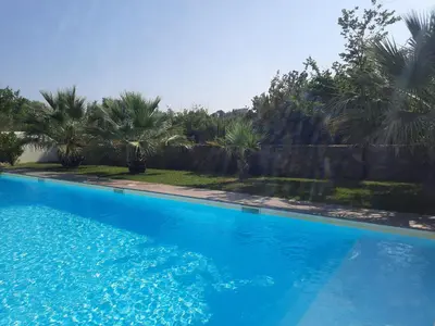 a large blue swimming pool in a yard with palm trees at location Phoebé dans la propriété Elaia in Tourouzelle