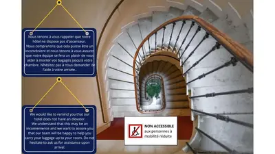 a spiral staircase in a building with a sign that says new knowledge at Will's Hotel in Narbonne