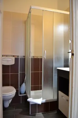 a bathroom with a shower with a toilet and a sink at Will's Hotel in Narbonne