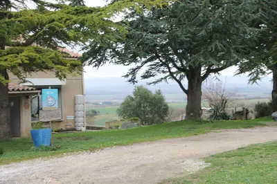 a dirt road next to a tree and a building at La Bleuette in Montmaur