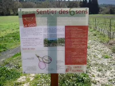 a sign in the middle of a field at Château Villemagne in Lagrasse