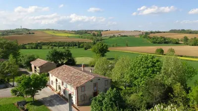 an aerial view of an old house in the countryside at Le Majeste in Juzes