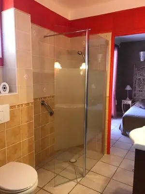 a bathroom with a shower with a toilet at Gîte des Orgues d'Ille les Agaves Canigou in Ille-sur-Têt