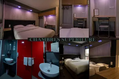 a collage of four pictures of a hotel room at Hôtel La Rocade in Pamiers