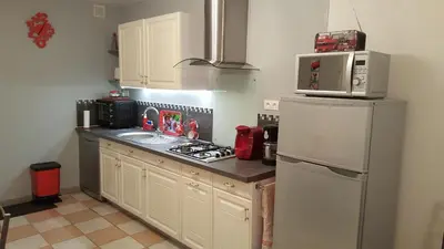 a kitchen with a white refrigerator and a sink at Gite Pourquoi Pas in Montégut-Lauragais
