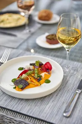a plate of food and a glass of wine on a table at Château Les Carrasses in Capestang