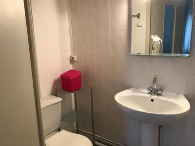 a bathroom with a sink and a toilet and a mirror at Le Mazagran proche du centre ville et 15 mn de la plage in Narbonne