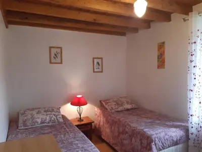 a bedroom with two beds and a lamp on a table at Gîtes du Hameau Baylesse in Saint-Jean-dʼAigues-Vives
