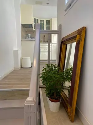 a stairway with a mirror and a potted plant at La petite maison bleue in Gruissan