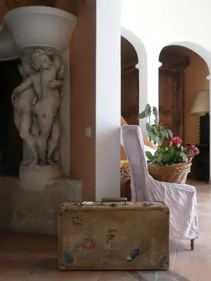 a suitcase sitting on the floor in a room with a statue at La Bergerie de l'etang in Montels