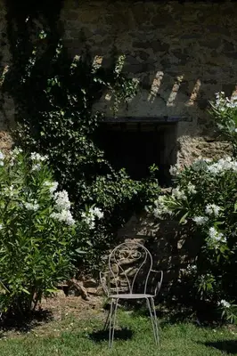 a bench sitting in the grass in a garden at Maison vigneronne in Montlaur