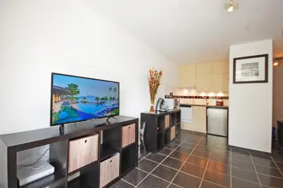 a living room with a large flat screen tv at Grand studio la Presqu'île 2 in Gruissan