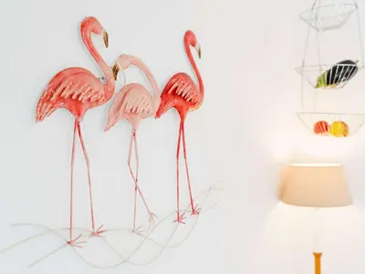 three flamingos hanging on a wall next to a lamp at Pavillon 3 pièces avec Terrasse à Gruissan - 4 Couchages, Animaux Admis, Parking Privé - FR-1-409-31 in Gruissan