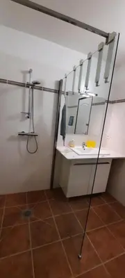 a bathroom with a sink and a mirror at Gite Charlrose at La Platriere in Cazedarnes