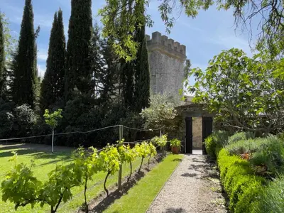 a garden with a castle in the background at La Maison Du Village in Val-de-Dagne