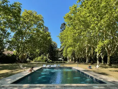a pool in a park with people playing in it at Le Pavillon Du Regisseur in Val-de-Dagne
