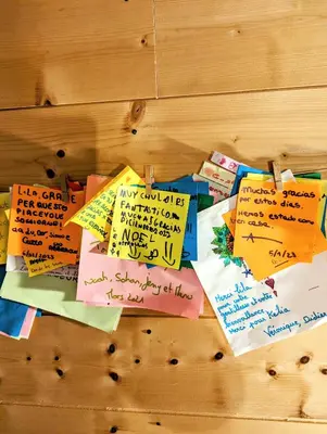 a pile of post it notes on a table at Appartement Lila in Carcassonne