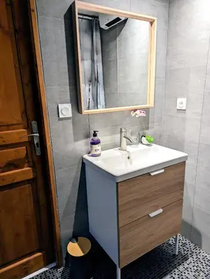 a bathroom with a sink and a mirror at Appartement Lila in Carcassonne