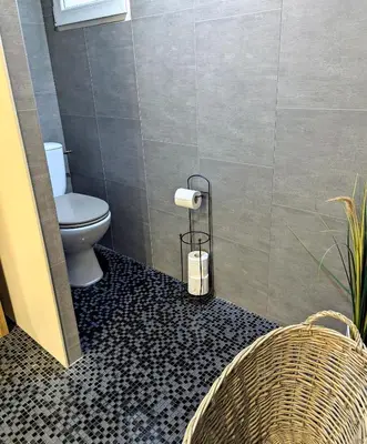 a bathroom with a toilet and a basket at Appartement Lila in Carcassonne