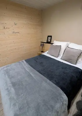a bedroom with a large bed with a blue blanket at Appartement Lila in Carcassonne