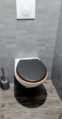 a bathroom with a toilet with a black lid at Appartement Lila in Carcassonne