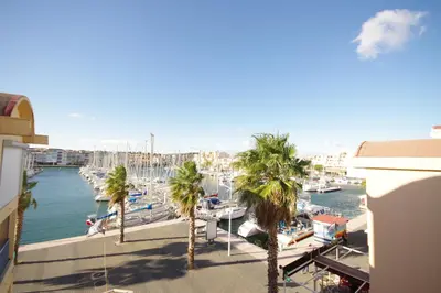 a view of a marina with palm trees and boats at Duplex Climatisé 65m2 refait à neuf in Gruissan